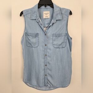 American Eagle chambray sleeveless button-down shirt open back detail